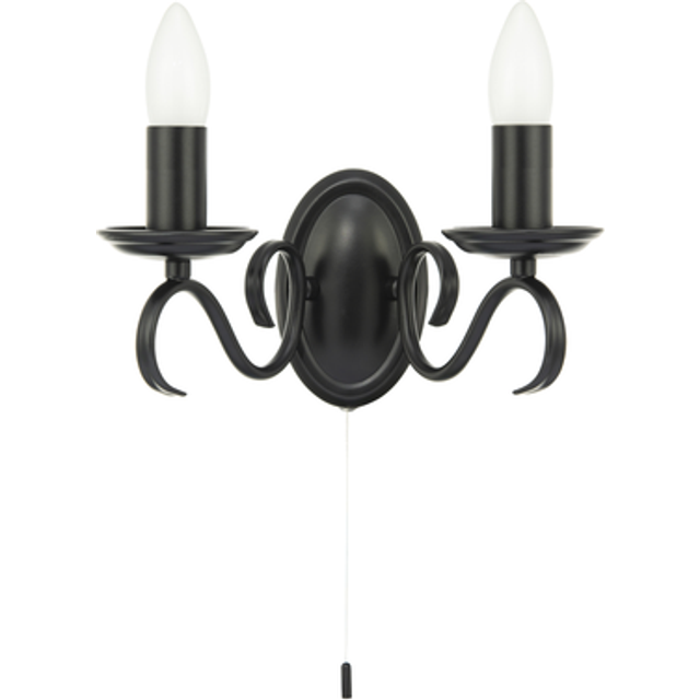 Traditional Wall Light Fitting with Pull Switch and Scroll Arms and Sconces - Black - One Size
