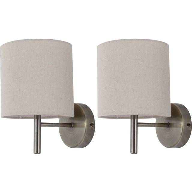 Set of 2 Brea - Antique Brass Wall Lights with Natural Linen Shade