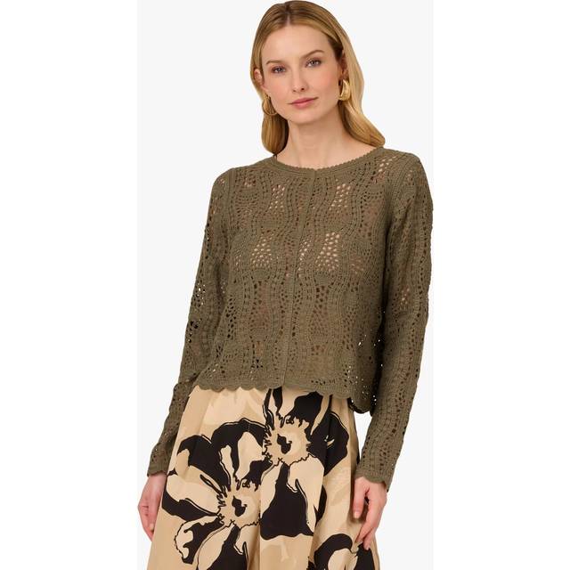 Long Sleeve Open Crochet Sweater In Olivine