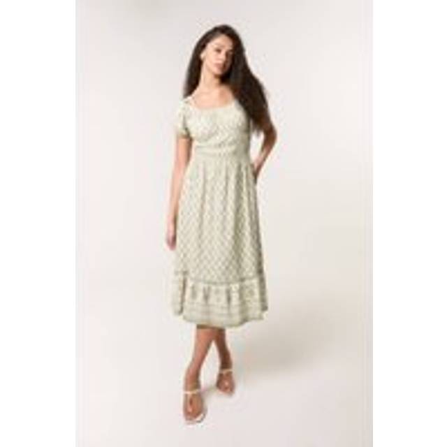 Blue Vanilla Green Border Print Puff Sleeve Midi Dress - xl