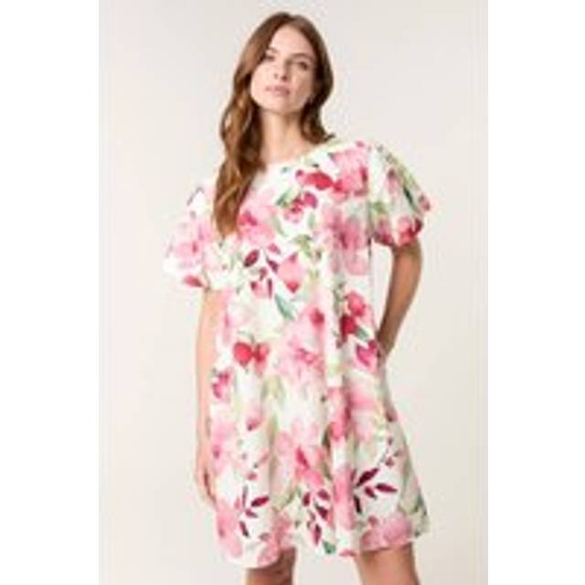 Blue Vanilla Pink Cotton Poplin Water Colour Print Swing Dress - m/l