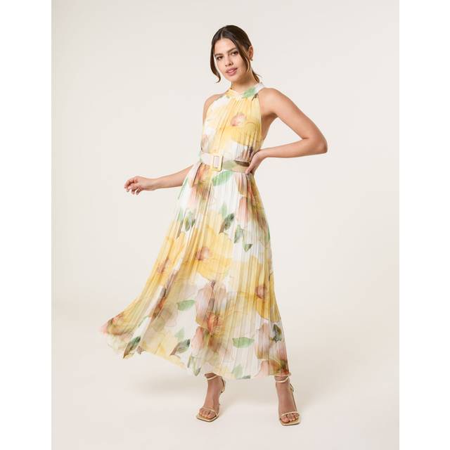 Blue Vanilla Lemon Flower Print Pleated Swirl Dress - m/l