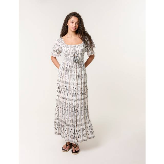 Blue Vanilla Ivory Milkmaid Shirred Square Neck Midi Dress - m/l