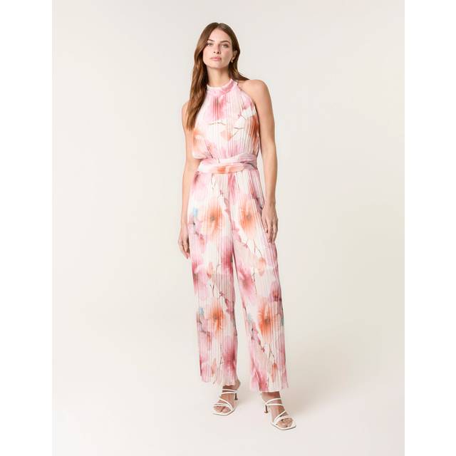 Pleated Halter Neck Watercolour Floral Printed Jumpsuit - M / PINK