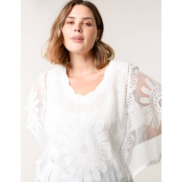 Blue Vanilla Ivory Curve Sun Flower Lace Sleeve Blouse - 18-20