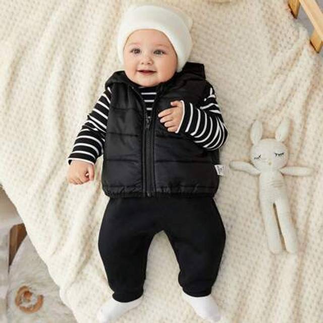 SHEIN 3pcs Newborn Baby Boy/Girl Striped Long Sleeve Jumpsuit + Black Sweatpants + Hooded Hat Outfit Set, Casual Style For Fall/Winter
