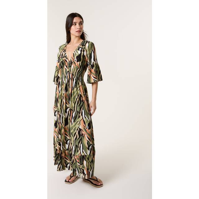Blue Vanilla Khaki Elasticated Neck Shirred Waist Maxi Dress - l/xl