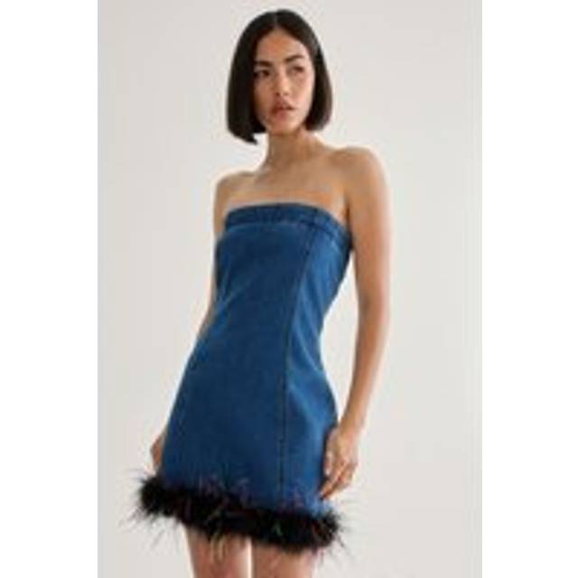 Womens Feather Hem Bandeau Dress - Blue - 12