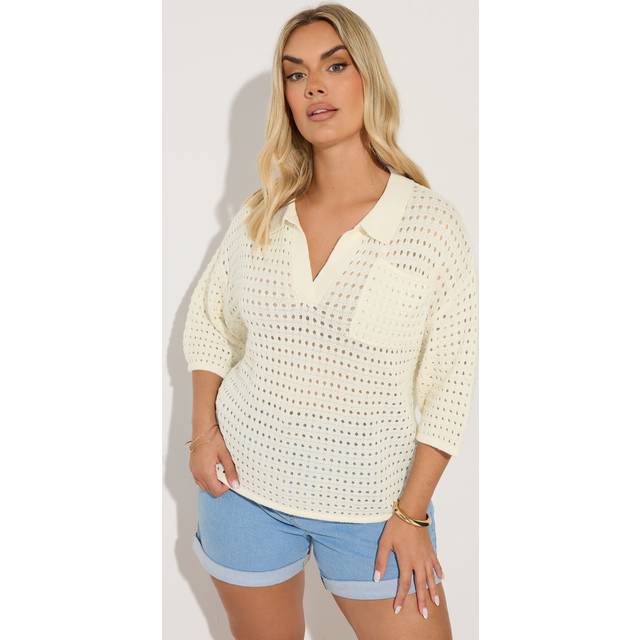Yours Curve Ivory White Crochet Collared Knitted Jumper, Women's Curve & Plus Size, Yours - 30-32