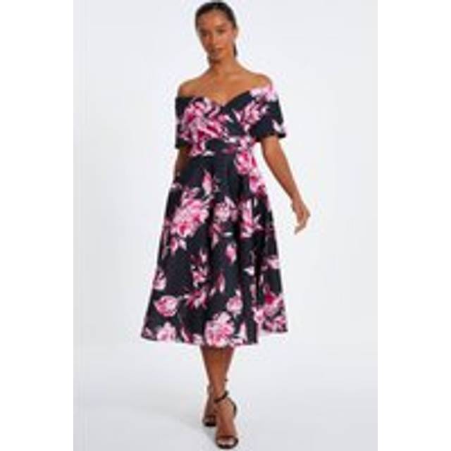 Womens Black Petite Floral Bardot Skater Midi Dress - 6