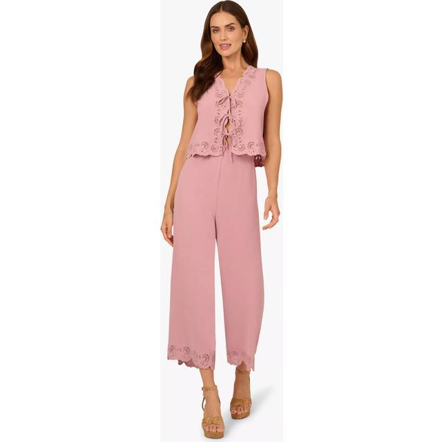 Adrianna Papell Tie Front Floral Lace Top & Trousers Set, Deauville Mauve