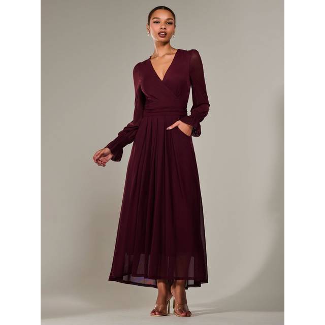 Long Sleeve Mesh Maxi Dress - Burgundy - 8