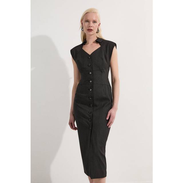 Pinstripe Corseted Tailored Pencil Midi Dress - Black