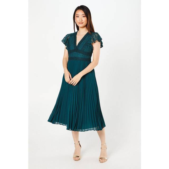 Petite Lace Top Pleated Skirt Fit & Flare Midi Dress - Blue - 8