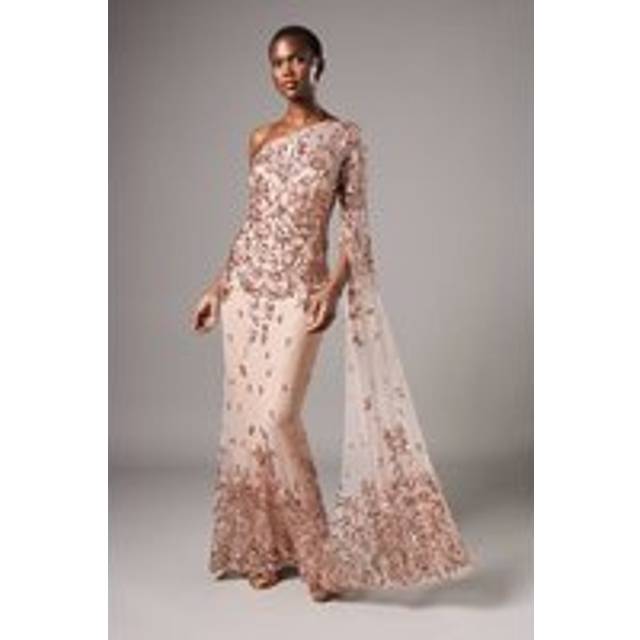 One Shoulder Maxi Dress In Lace With Cape Sleeve - Champagne - 14