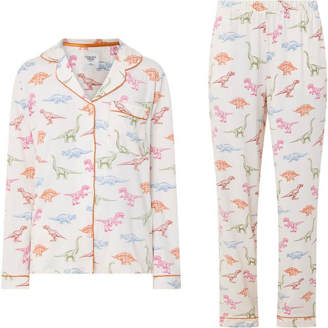 Chelsea Peers Dinosaur Long Pyjama Set, Off White