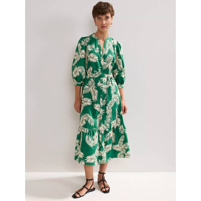 Phase Eight Louisa Palm Print Cotton Midi Dress, Green