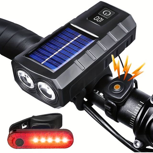 TEMU Solar Usb Rechargeable Bicycle Front And Tail Light Set 120db Bicycle Bell Horn 400lumen Bicycle Headlight, Usb-c Rechargeable Led Bicycle Headlight