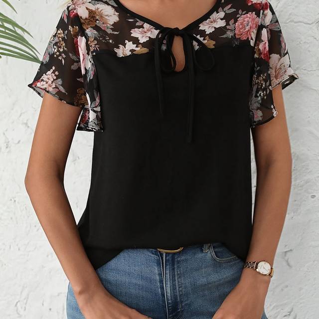 TEMU Women's Floral Print Black Fabric Lace-up Ruffle Short Sleeve T-shirt, Casual For Spring/summer, Casual Wear Tee|elegant Style Shirt| Hem