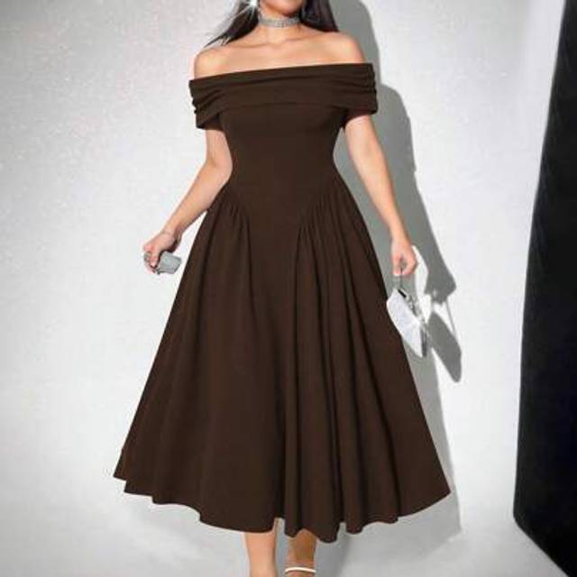 SHEIN Plus Size Elegant Off-The-Shoulder Little Black Midi Dress, Formal Gown For Wedding, Women