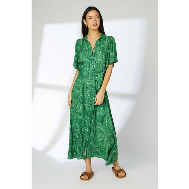 Green Geo Rope Print Tie Front Midi Shirt Dress - 10
