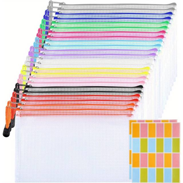 TEMU Plastic Wallets A5 Zip Lock Bags - 24 Pack Plastic Folders Document Zipper Bags Mesh Zip Wallet Waterproof Plastic File Folders With 48 Stickers