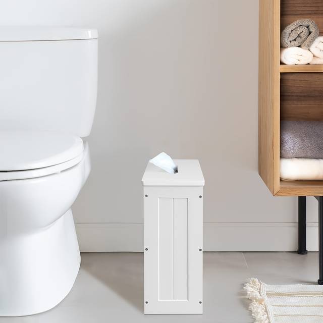 TEMU Sleek White Wooden Bathroom Storage Cabinet - Toilet Paper Holder With Lid, Large Capacity Organizer For Hotels & Malls