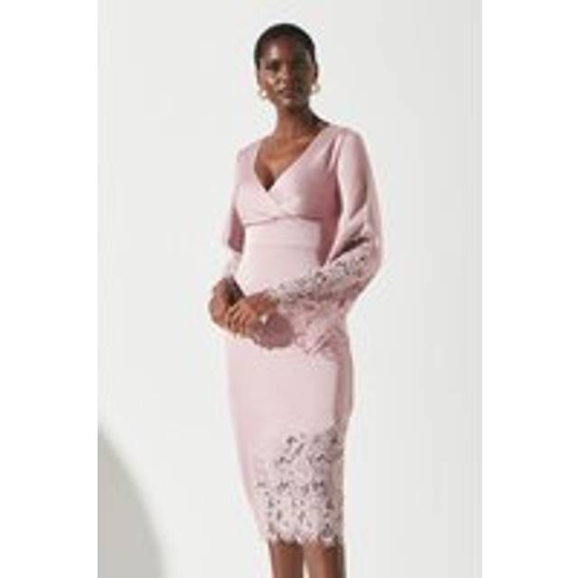 Lace Panelled Satin Wrap Dress - Dusky Pink - 10