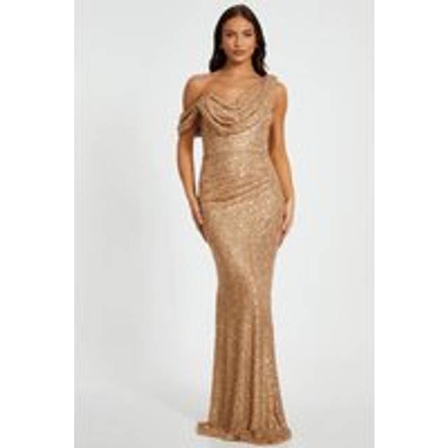 QUIZ Gold Sequin Drop Shoulder Maxi Dress - 12