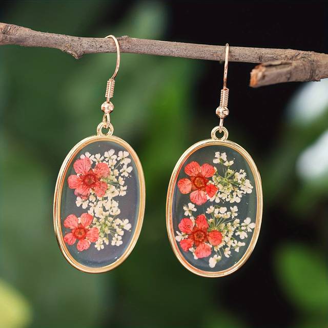TEMU Handcrafted Style Resin Drop Earrings, Vintage Oval , Botanical Pressed Flowers In Clear Epoxy, Cute And Rustic , Weddings And Spring , Gift-ready Jewelry