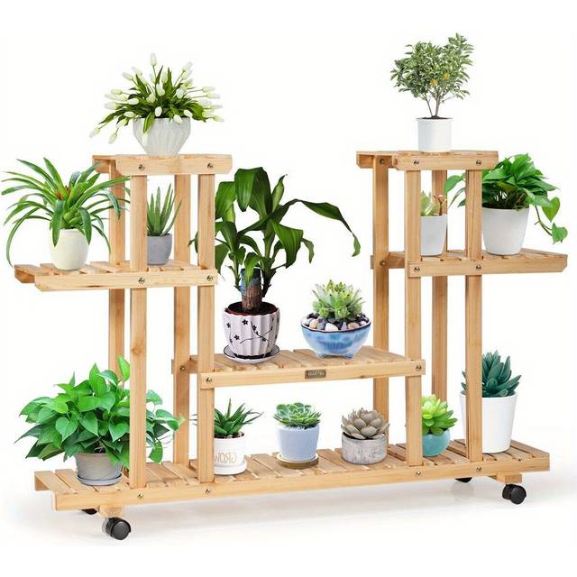 TEMU Costway 4-tier Flower Plant Stand Wooden Flower Rack Display Shelf W/ Wheels & 8 Shelves