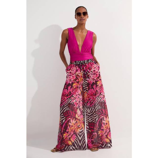 Beach Tropical Georgette Wide Leg Woven Trouser - Pink