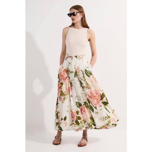 Floral Viscose Linen High Waisted Woven Maxi Skirt - White