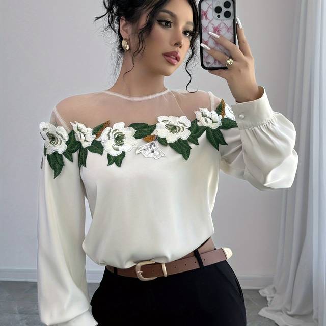 TEMU Elegant Floral Applique Sheer Mesh Long Sleeve Blouse, Polyester Crew Neck Solid Color Top, For Women, Woven Shirting