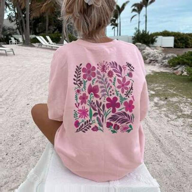 SHEIN A Casual Printed Round Neck Pullover Short Sleeved T-Shirt For Tween Girls In Summer - Purple Flowers Provide Unique T-Shirts For Travel Enthusiasts W