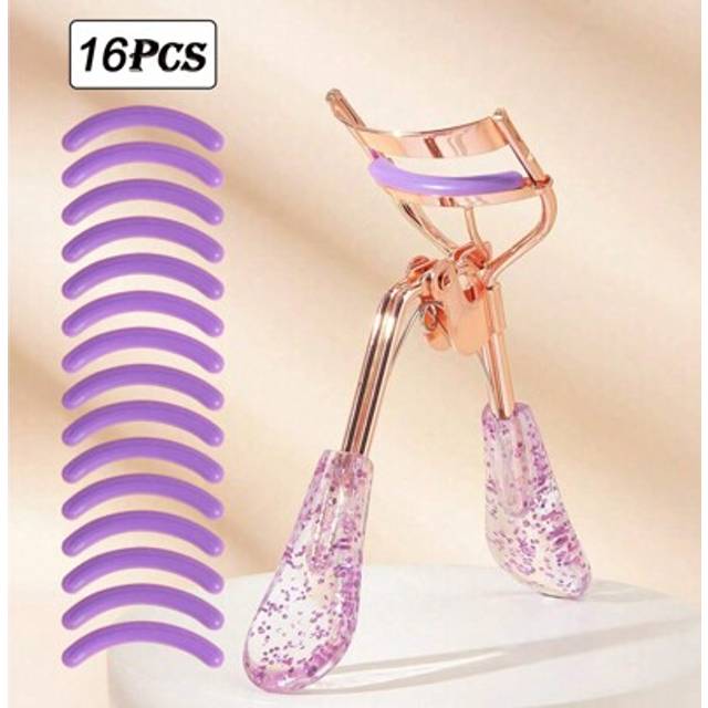 SHEIN 1pc Portable Eyelash Curler And 15 Silicone Pads,Stainless Steel Rose Gold Plated Curved Eyelash Curler&Purple Glitter Handle,Used For Curling And Sha