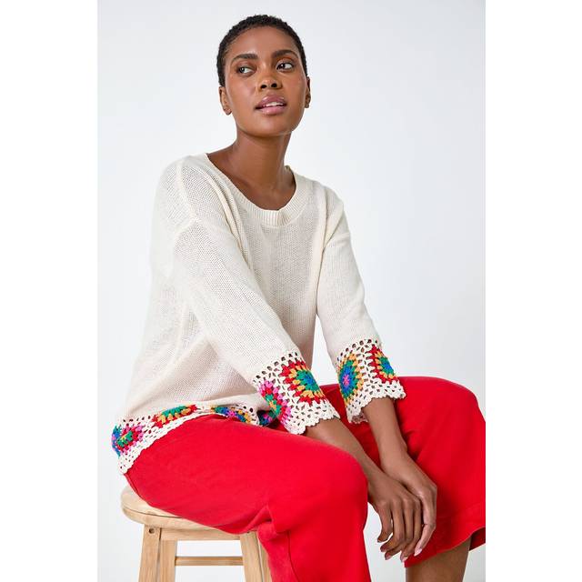 Floral Crochet Hem Cotton Jumper - Ivory - 20