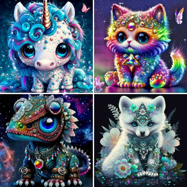 TEMU 4pcs/set Artificial Diamond Painting Cartoon Animals/cats/foxes/dinosaurs/unicorns Mosaic Diamond Embroidery Home Decoration (20*20cm/7.87*7.87inch)
