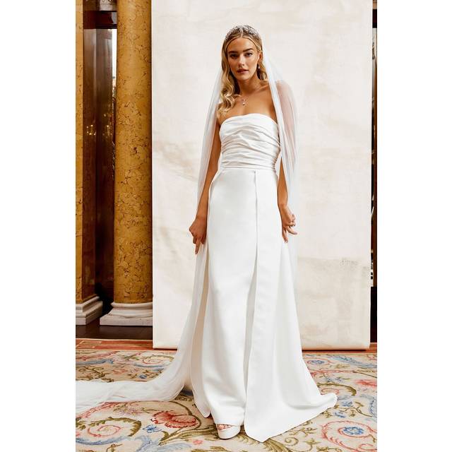 Bandeau Structured Column Wedding Dress with Overskirt - Ivory - 14