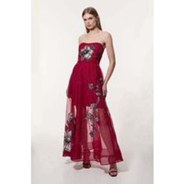 Floral Applique Organdie Woven Bandeau Maxi Dress - Red