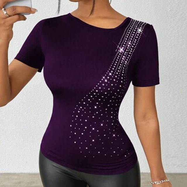 Rafferiza Women&#39;s Rhinestones Embellished Simple Casual T-Shirt, Fashionable For Daily Wear