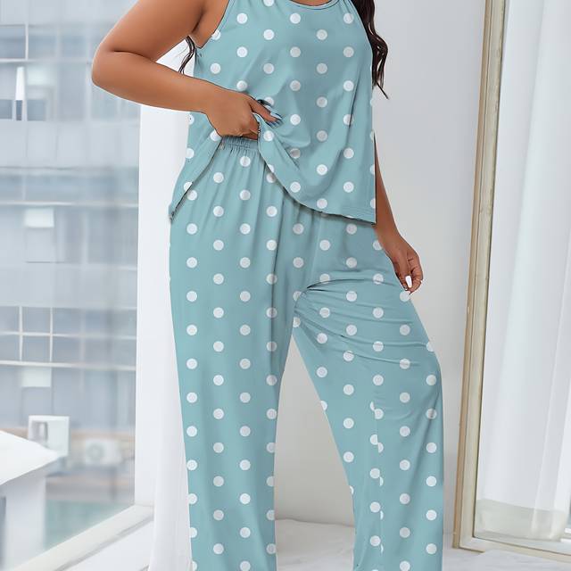 TEMU Women's Plus Size Yellow Polka Dot Pajama Set - Sleeveless & Wide-leg Design, Fabric, Casual Sleepwear, Comfortable Loungewear | Polka Dot Pattern | Medium Stretch Material, Ladies Pajama Sets