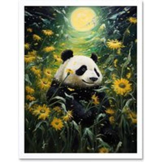 Wall Art Print Midsummer Night's Panda Dream Oil Painting Panda Bear in a Full Moon Sunflower Field Landscape Kids Bedroom Art Framed - White - W12 in - W12 inch x H16 inch