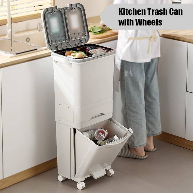 TEMU Large 11.09 Gallon Dual-compartment Kitchen Trash Can With Wheels - Easy- Lid, , 3-tier Design For Efficient Waste , Pp Material, Ideal For Home & Commercial Use