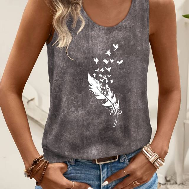 TEMU Women's Casual Crew Neck Tank Top With Alphabet Applique - Tie-dye Polyester Knit Fabric Vest For All , 180g/m² Weight