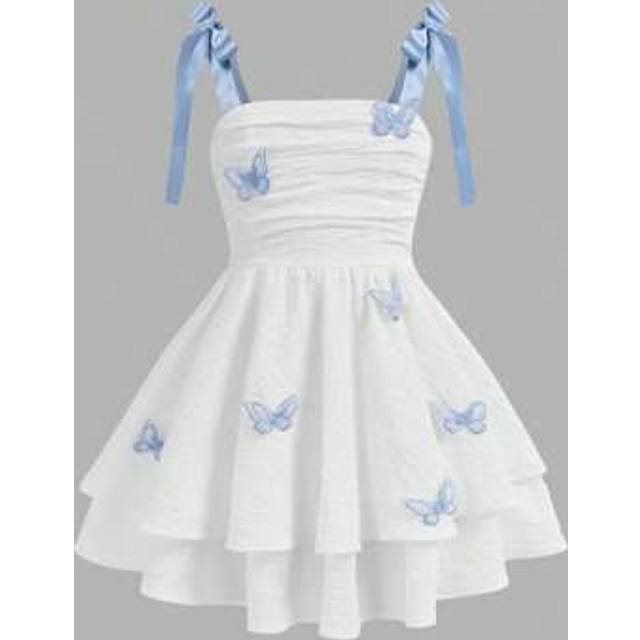SHEIN Tween Girl Cute Butterfly Decoration Woven Solid Color Bubble Pleated Double Layer Cake Hem Casual Bow Sling French Fairy Dress