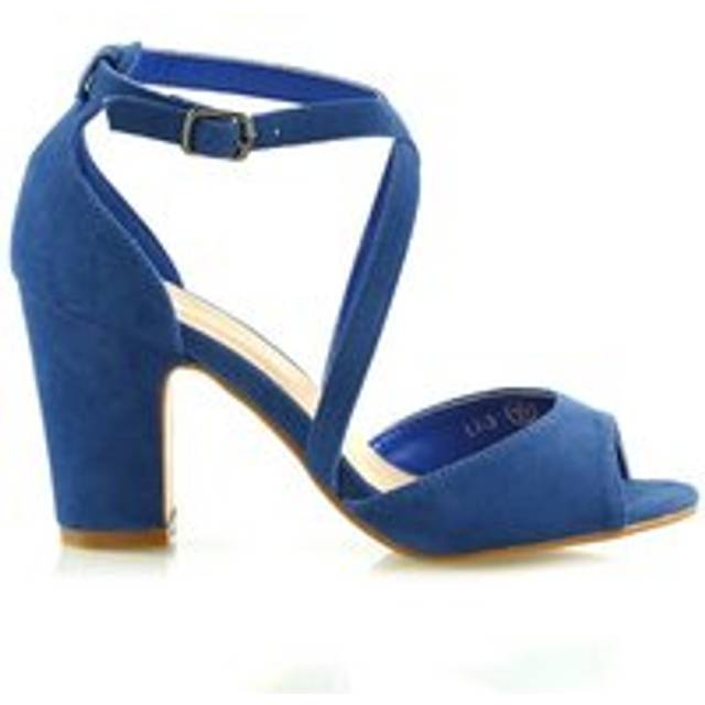 'Alice' Strappy Peep Toe Mid Block High Heel Sandal Shoes - Navy - 7