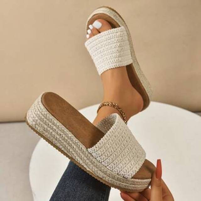 SHEIN Women&#39;s Thick Bottom Wedge Sandals With Jute Rope Trim, Lightweight Sole, Comfortable Outdoor Slip-On Sandals, Handwoven, Casual Summer Beach Vacation