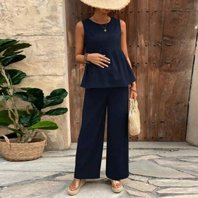 SHEIN 2pcs Maternity Set - Solid Color Round Neck Ruffle Hem Sleeveless Blouse And Adjustable Waist Pants, Casual