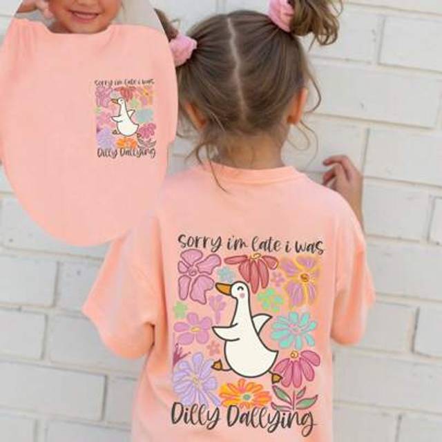 SHEIN Toddler Girls Casual Comfortable Fashionable Cute Goose & Floral Printed Letter Graphic Short Sleeve T-Shirt, Spring/Summer